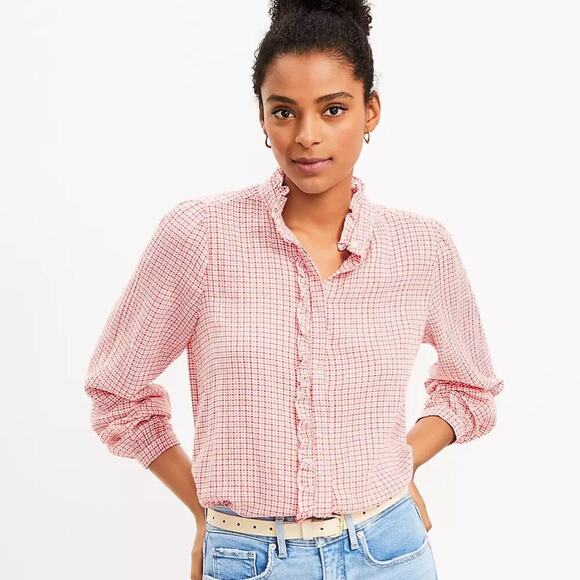 NEW Ann Taylor Loft Plaid Ruffle Long Sleeve Button Down Shirt Size M - Picture 2 of 3